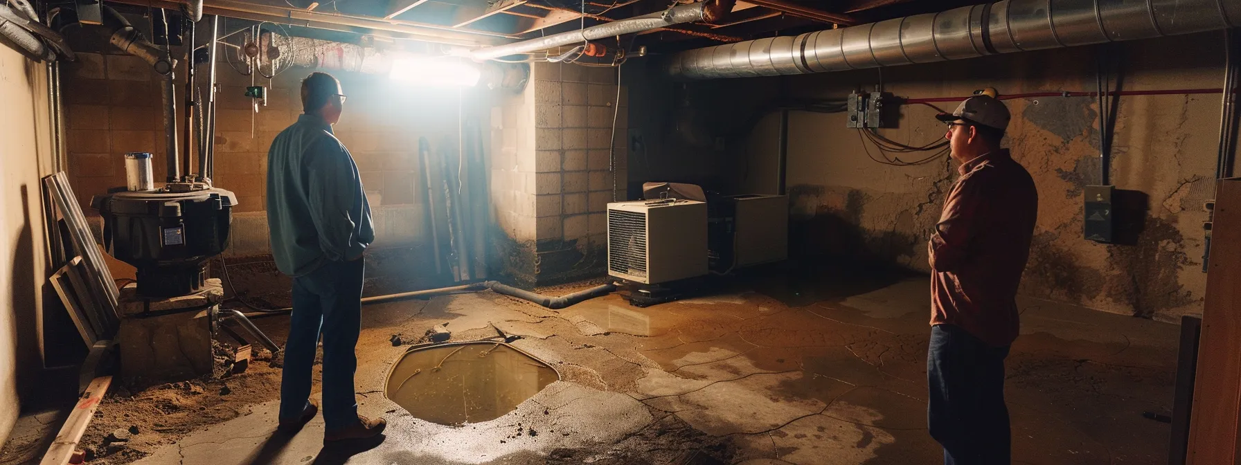 consulting with jr about basement waterproofing methods in a dimly lit basement.