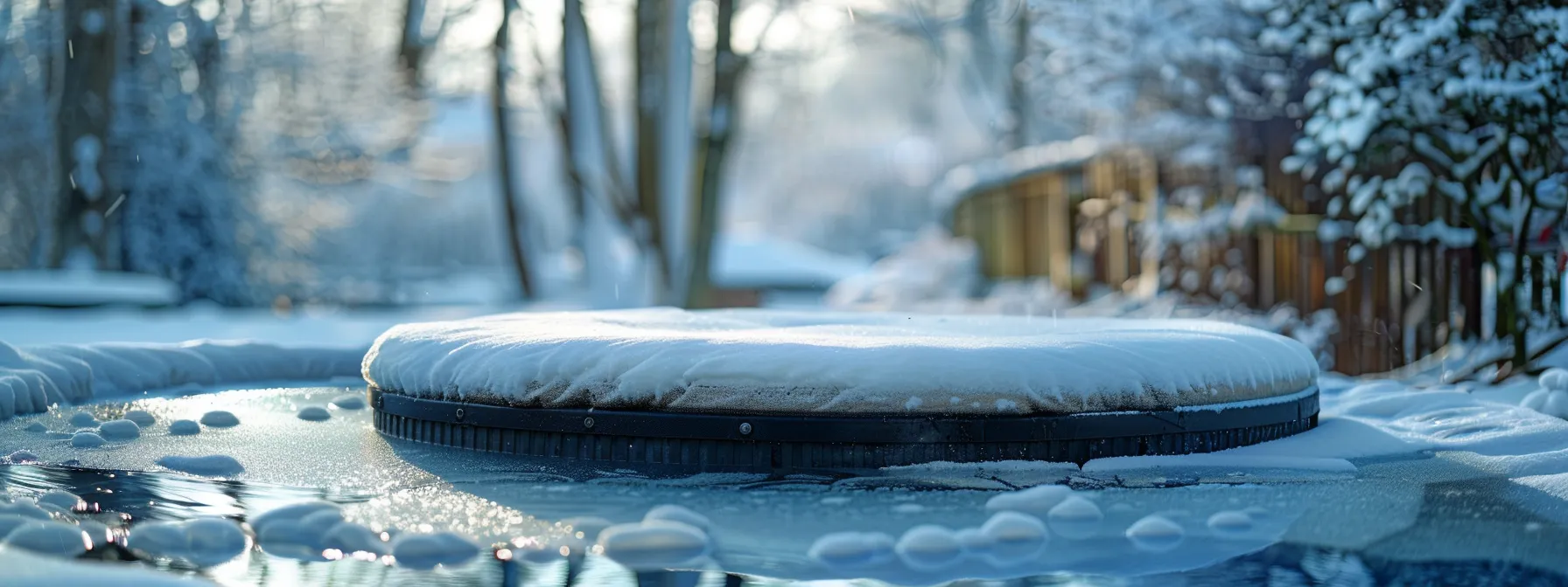 a closed hot tub cover sits snugly on top of a bubbling spa, protecting it from the winter weather.