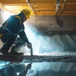 a professional using advanced tools to waterproof a basement foundation.