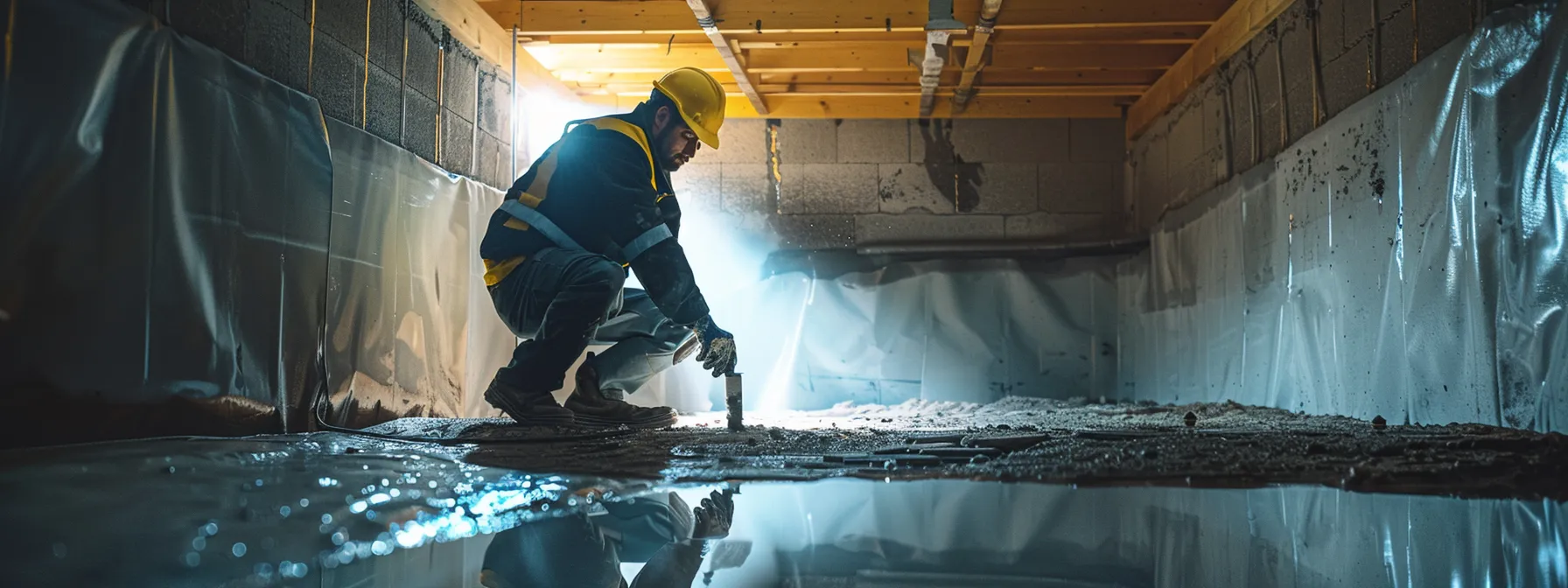 a professional using advanced tools to waterproof a basement foundation.