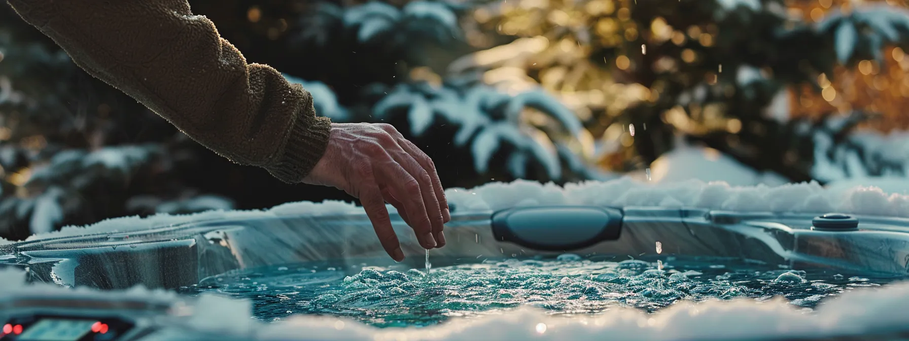 a person adjusting a thermostat on a hot tub outside in the winter.