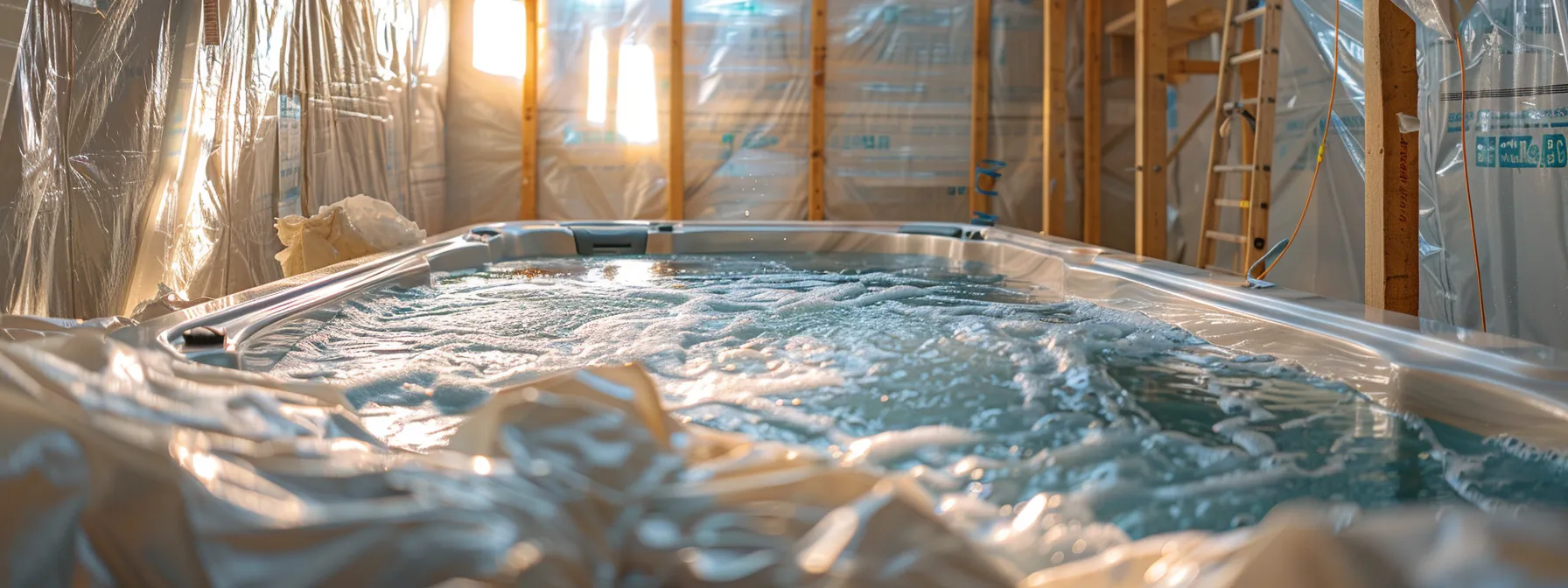 a hot tub being wrapped in additional insulation material to improve energy efficiency and heat retention.