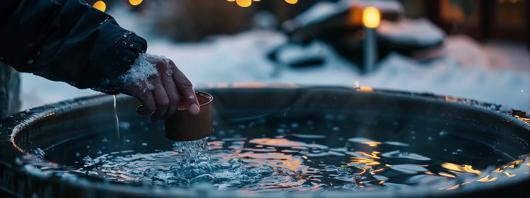a person adding chemicals to a hot tub in the winter.