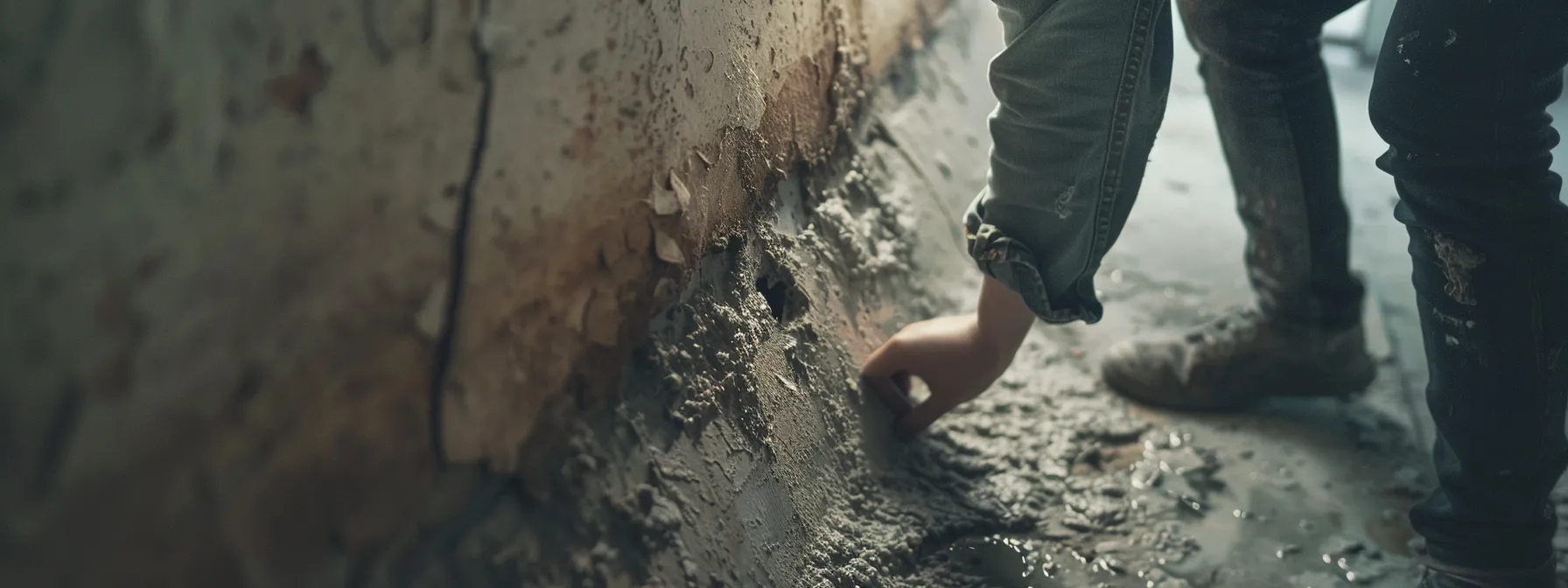 a person inspecting the basement wall for signs of moisture or water damage.
