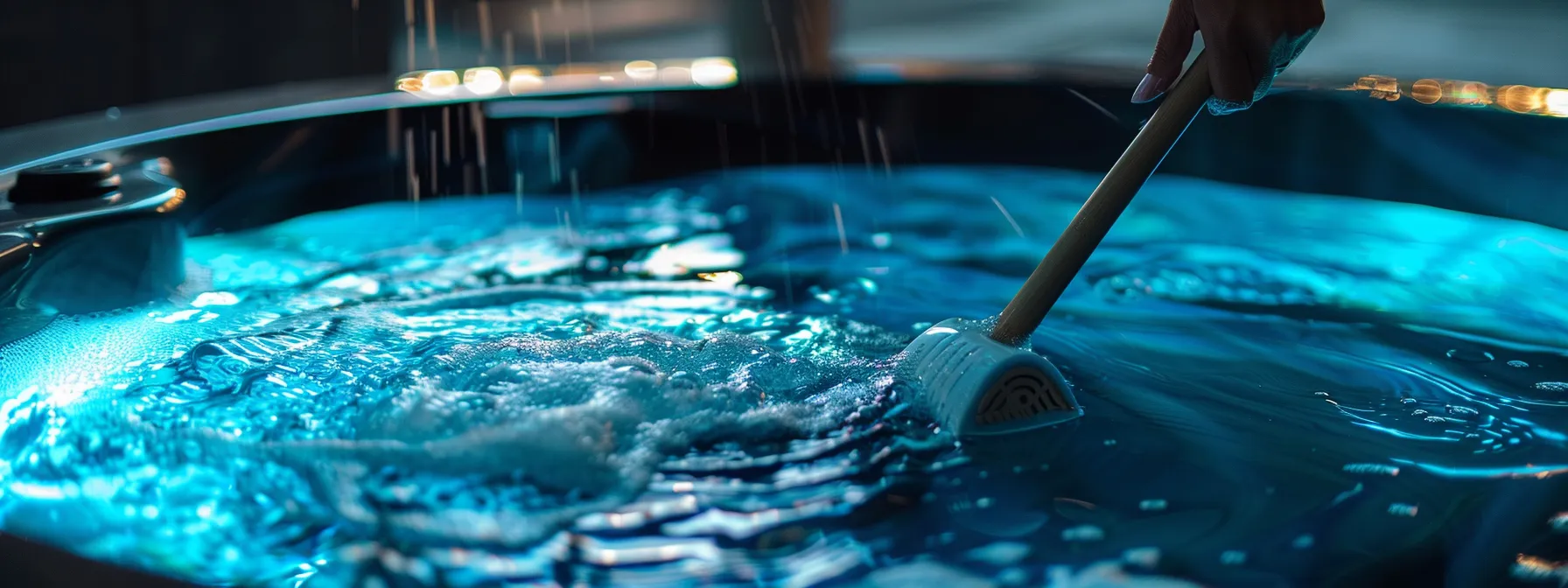 a person scrubbing the inside of a hot tub with a brush.