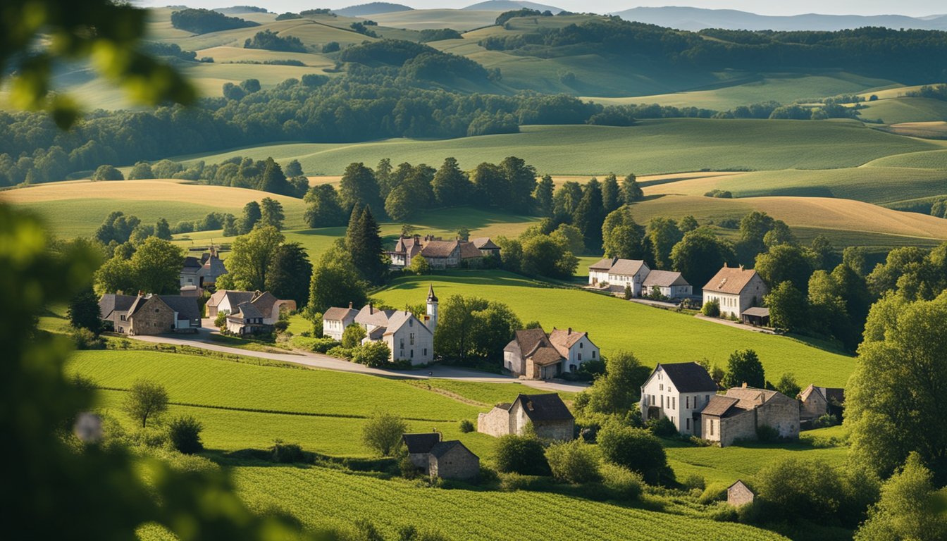 A rustic, historic town with old buildings, a quaint main street, and a lush countryside, surrounded by rolling hills and farmland