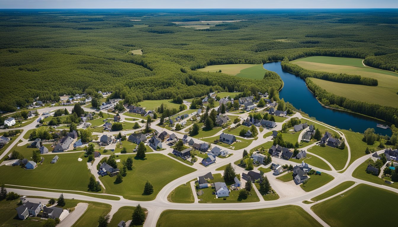 Aerial view of historic towns and townships in Oxford County, Ontario, with winding roads and old buildings surrounded by rural landscape