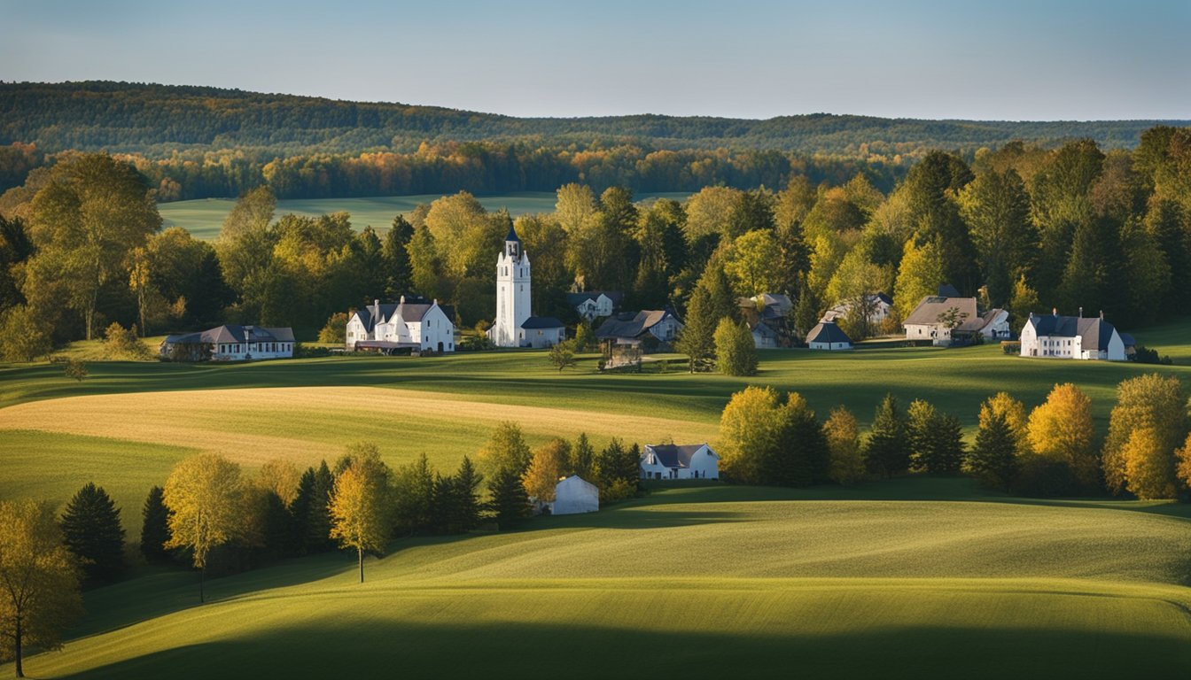 A peaceful rural landscape with a historic town, rolling hills, and old buildings in Oxford County, Ontario
