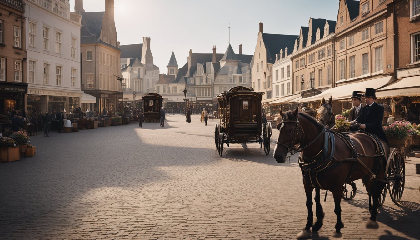 A bustling 19th century town square with horse-drawn carriages, Victorian architecture, and bustling market stalls
