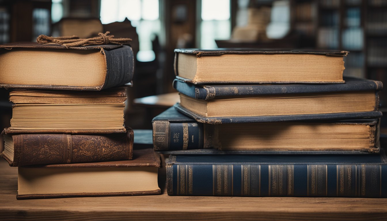 A stack of old books and documents on a wooden table, surrounded by historical artifacts and maps of Oxford County, Ontario