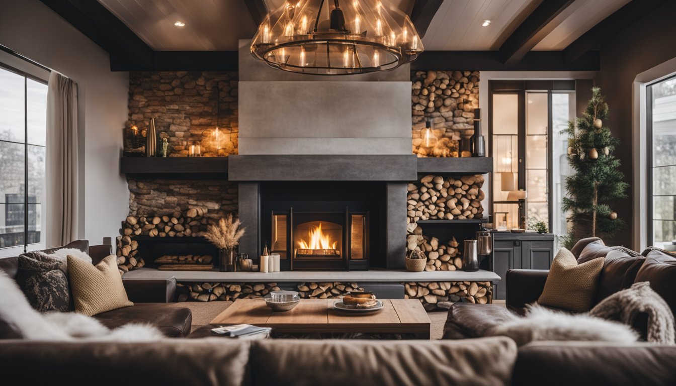 A cozy living room with a roaring fireplace and comfortable seating