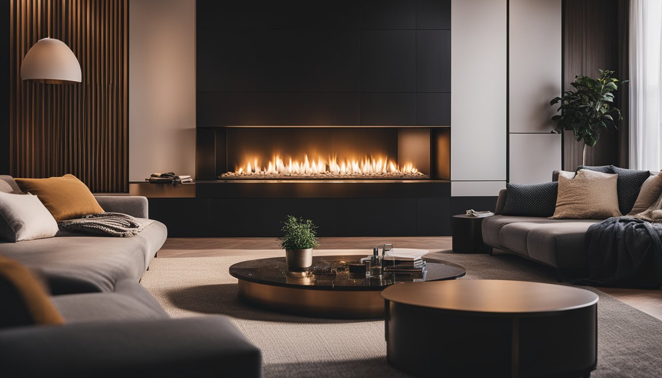 A cozy living room with a modern fireplace as the focal point, surrounded by comfortable seating and warm lighting