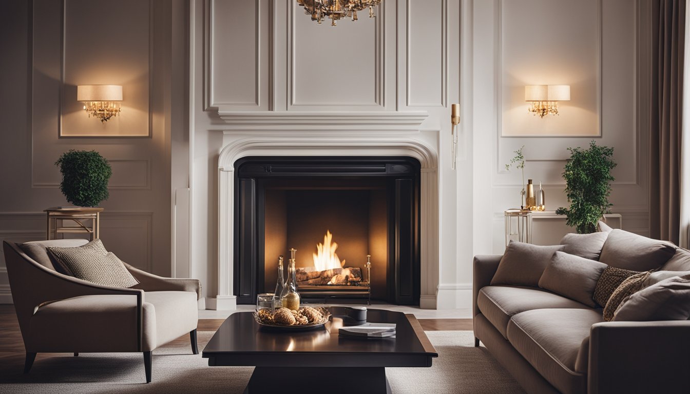 A cozy living room with a Napoleon fireplace as the focal point, surrounded by comfortable furniture and warm lighting