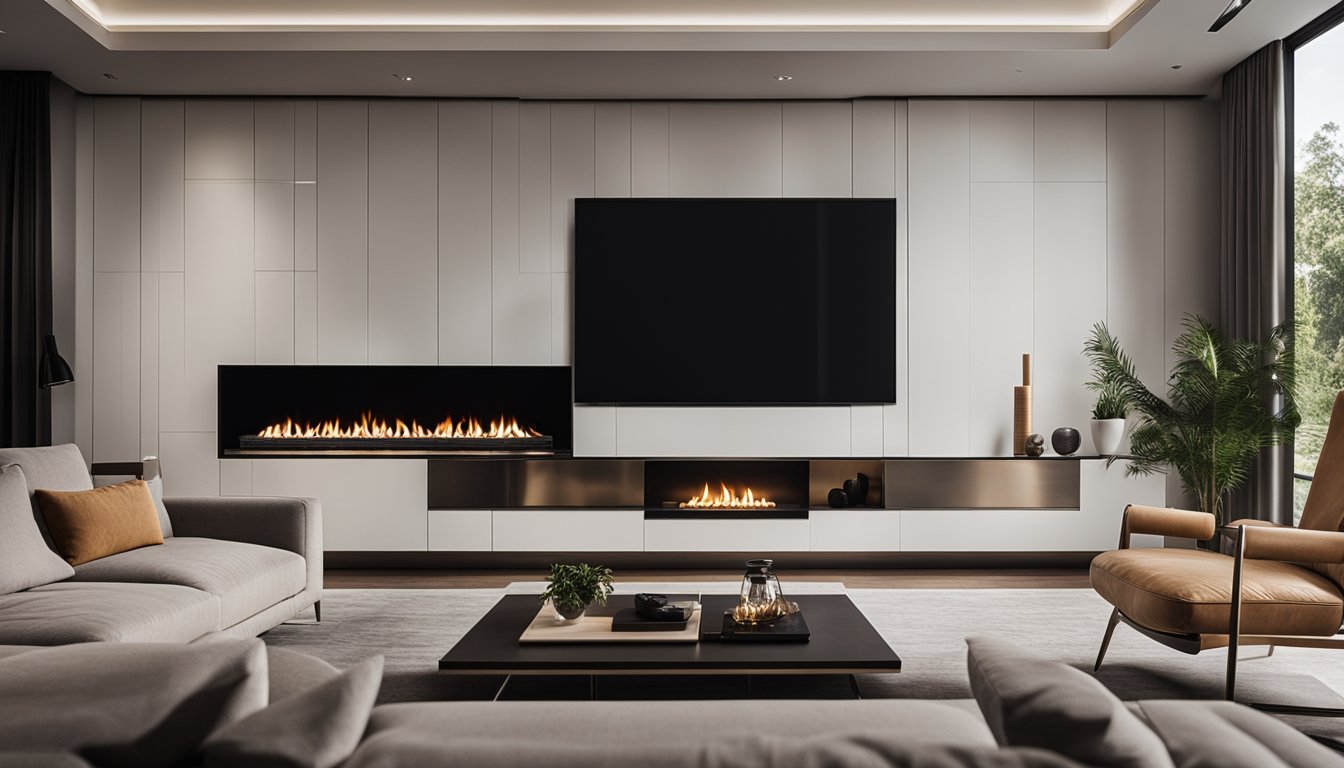 A modern living room with a sleek and stylish fireplace featuring innovative technology and design