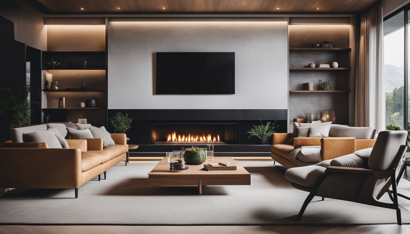 A cozy living room with a modern fireplace as the focal point, surrounded by comfortable seating and elegant decor