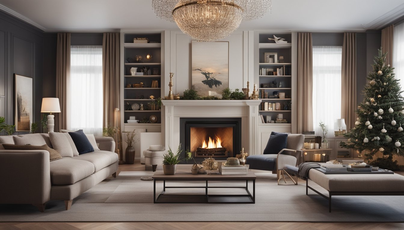 A cozy living room with a roaring Napoleon fireplace, surrounded by comfortable seating and shelves of decorative items