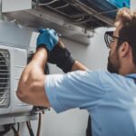 Technician installing air conditioner with tools