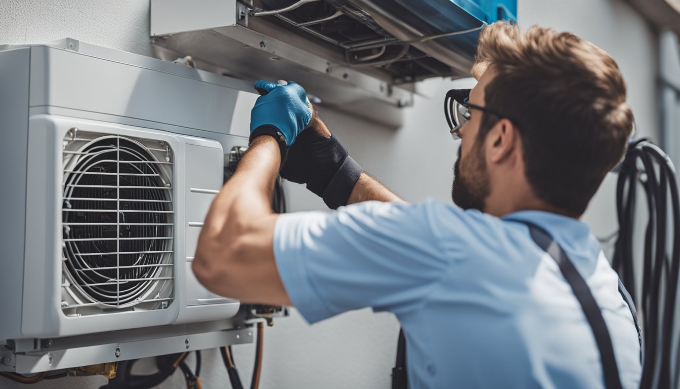 Technician installing air conditioner with tools