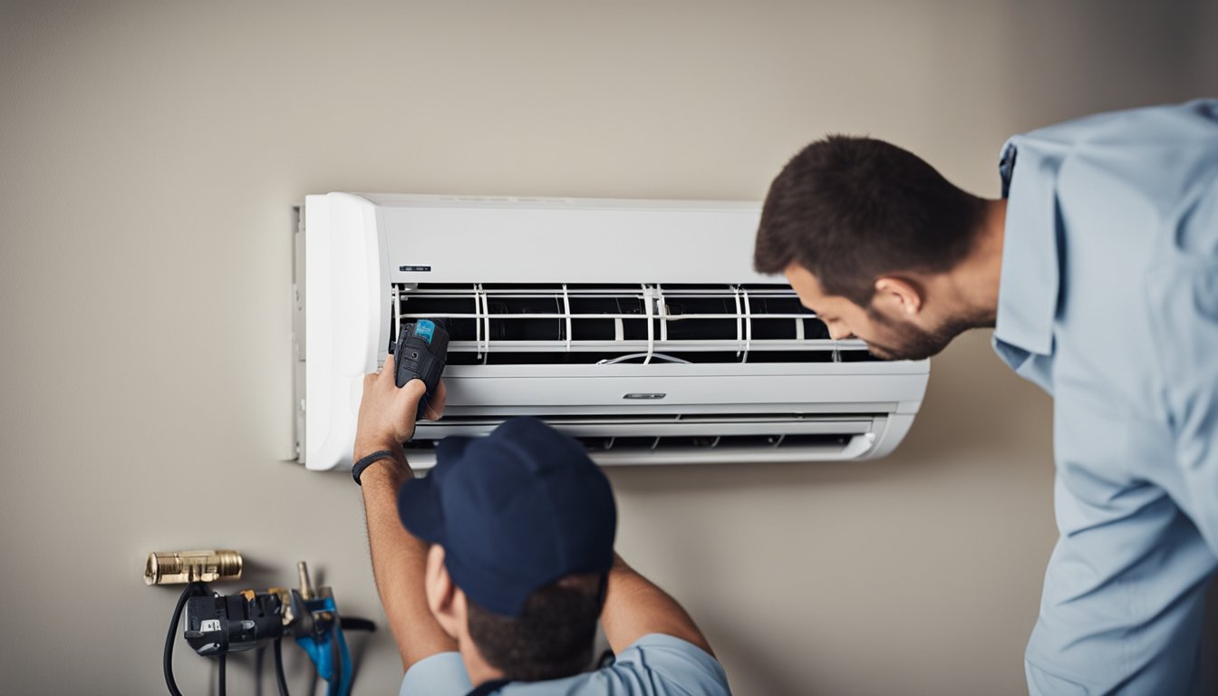 A technician installs an air conditioner unit on a wall bracket with a power drill and secures the unit with mounting brackets