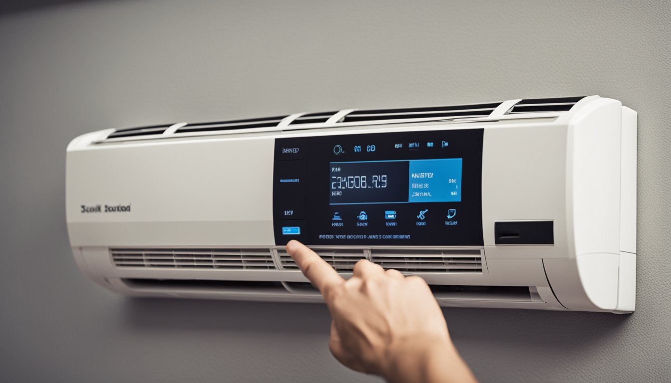 An air conditioner being installed on a wall bracket with a technician performing final safety checks