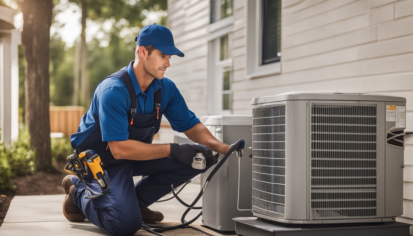 An HVAC technician installing an air conditioner unit in a residential setting