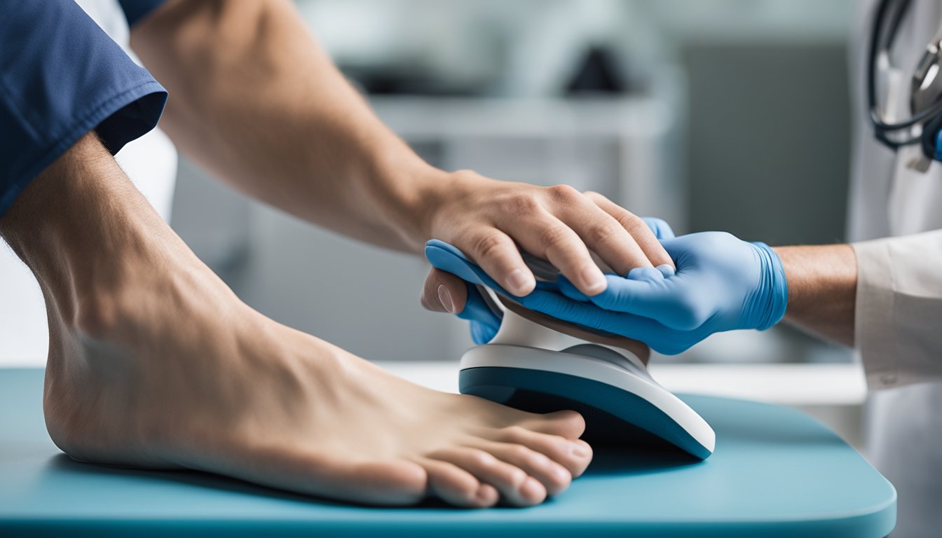 A podiatrist fitting a patient with custom orthotics, demonstrating the superior support and personalized fit compared to Dr. Scholl's inserts