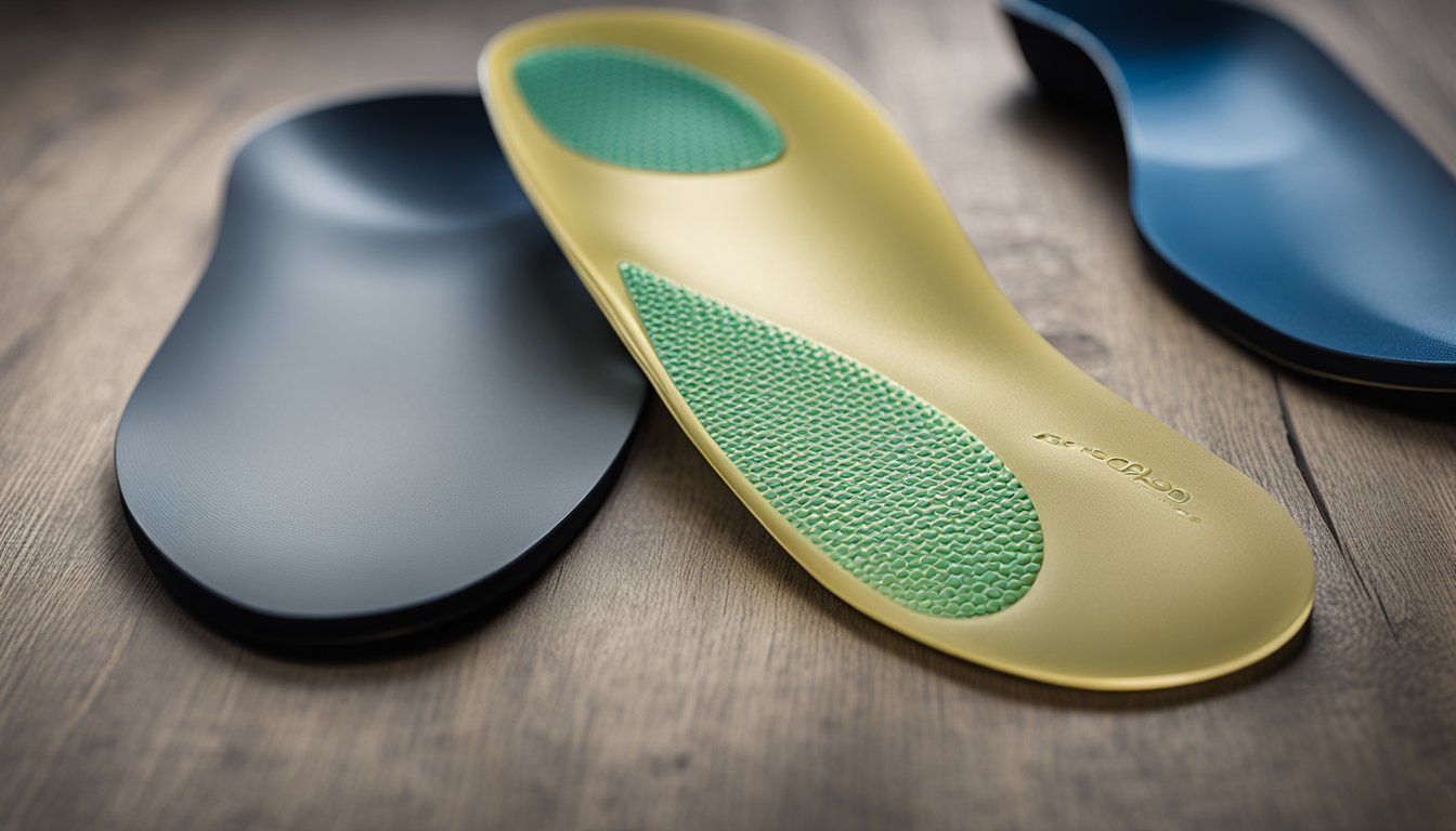 A pair of custom orthotics and Dr. Scholl's inserts side by side, with the custom orthotics appearing more durable and tailored to fit a specific shoe
