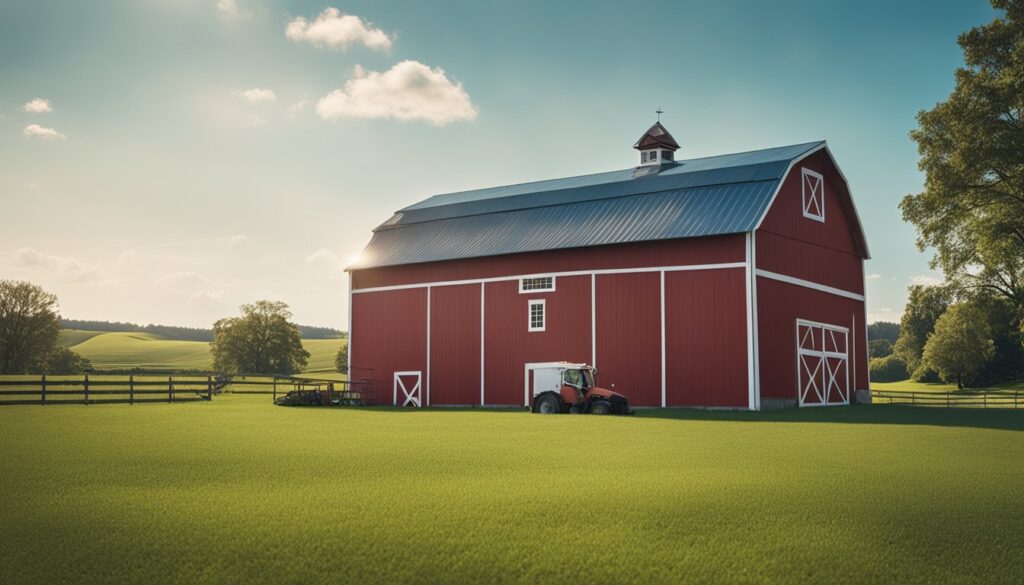 A red barn with a fresh coat of paint, surrounded by lush green fields and a clear blue sky. A maintenance worker repairing a section of the barn