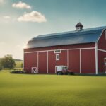A red barn with a fresh coat of paint, surrounded by lush green fields and a clear blue sky. A maintenance worker repairing a section of the barn