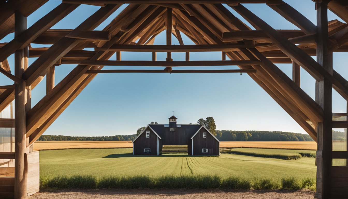 A barn with a gabled roof, wooden beams, and a large sliding door. Surrounding fields and a clear blue sky