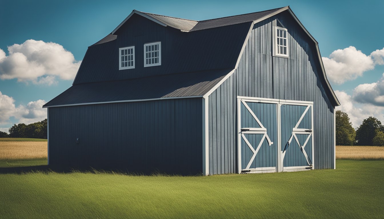 A barn with a fresh coat of paint, surrounded by neatly trimmed grass and a clear blue sky overhead