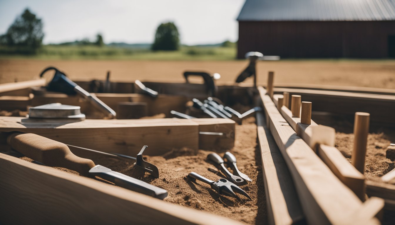 A barn being constructed and maintained with various tools scattered around