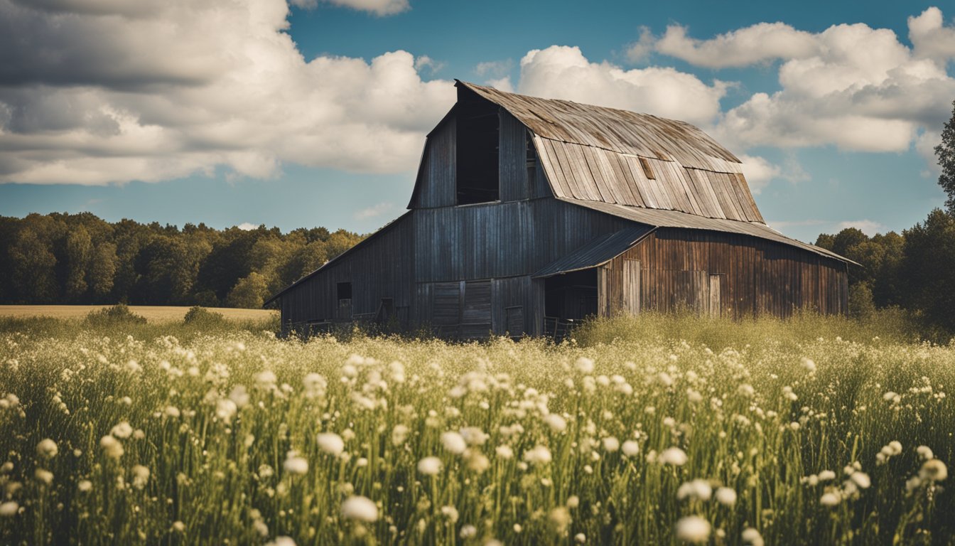A rustic barn stands tall against a blue sky, with peeling paint and weathered wood. Surrounding landscape includes fields and trees