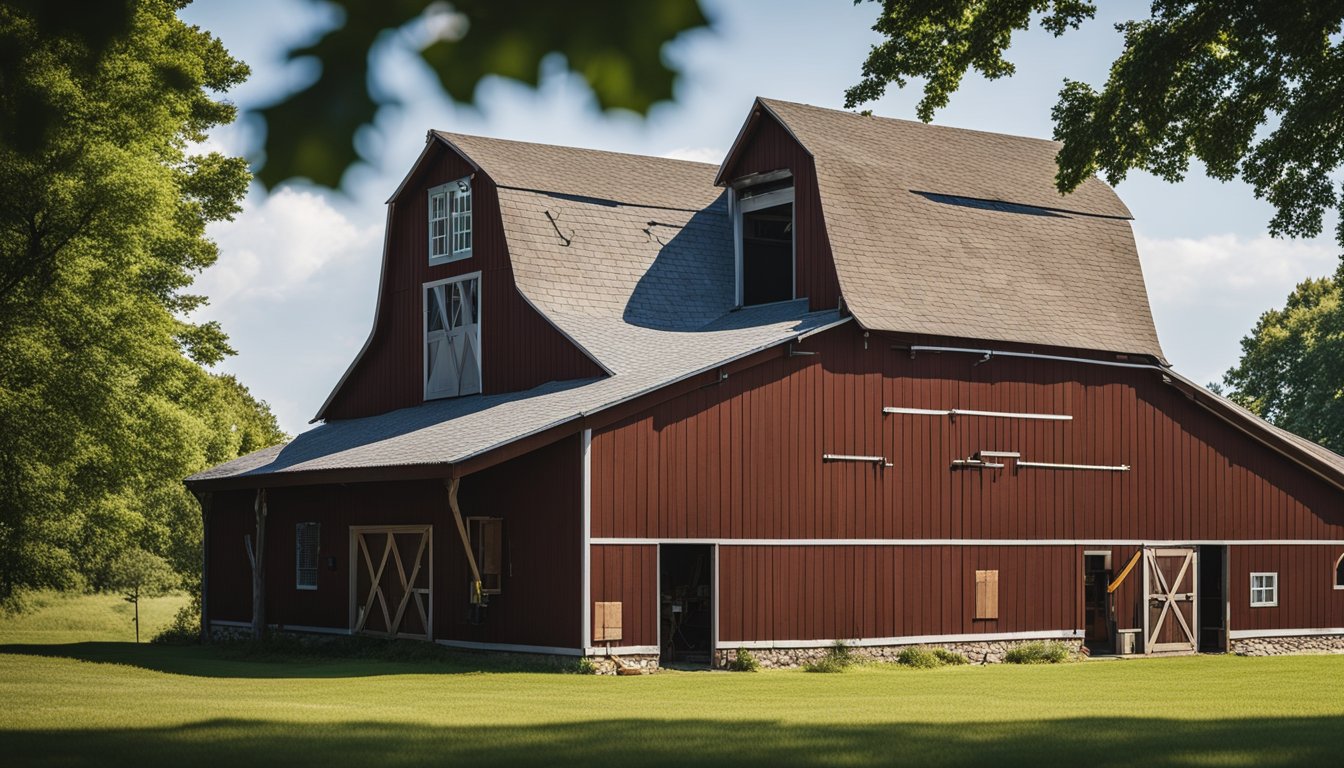A barn being renovated with new roofing, fresh paint, and repaired doors. Various maintenance tools and equipment scattered around the building