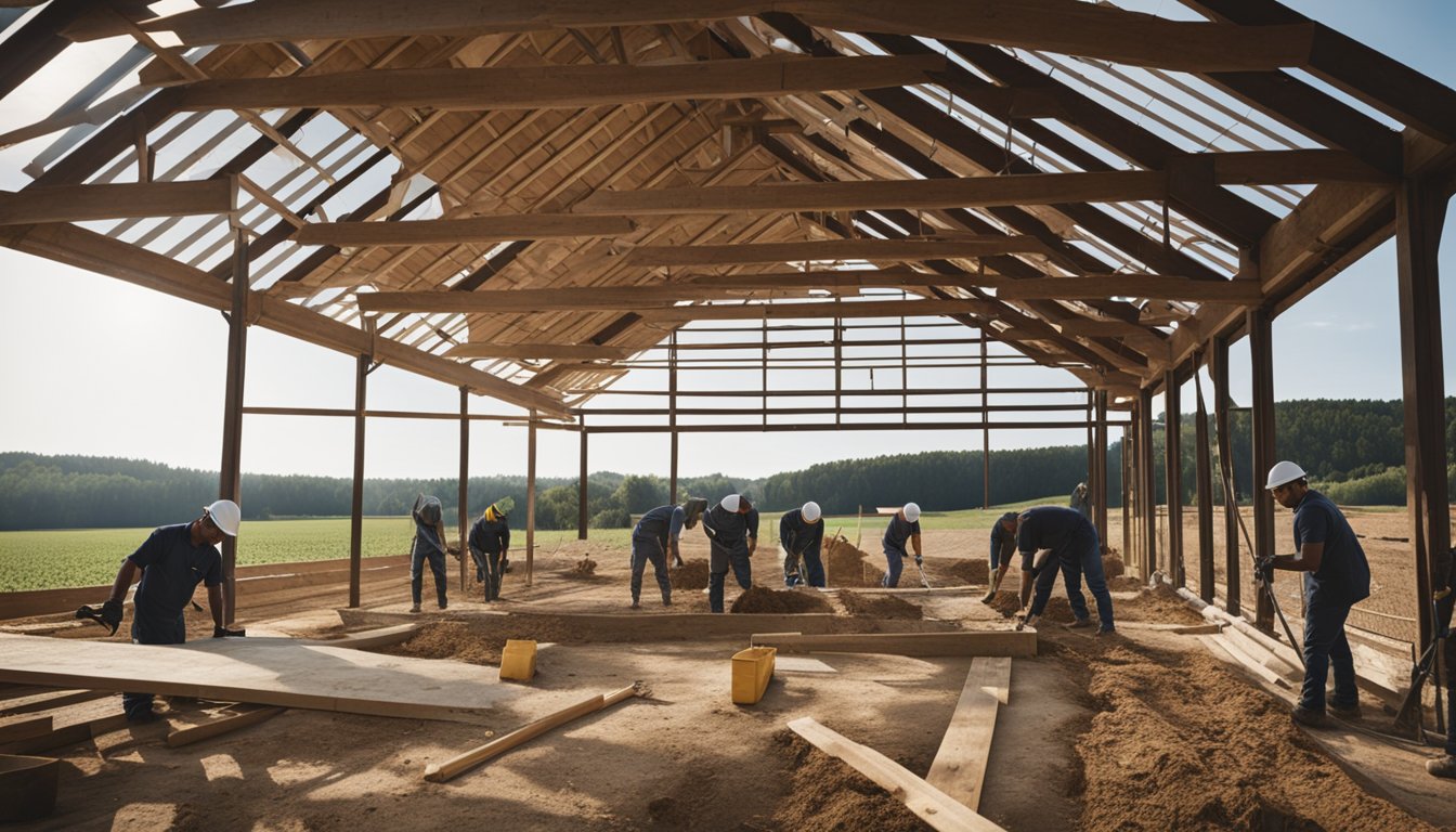 A team of workers construct a new barn while others repair and maintain existing structures on a large farming operation