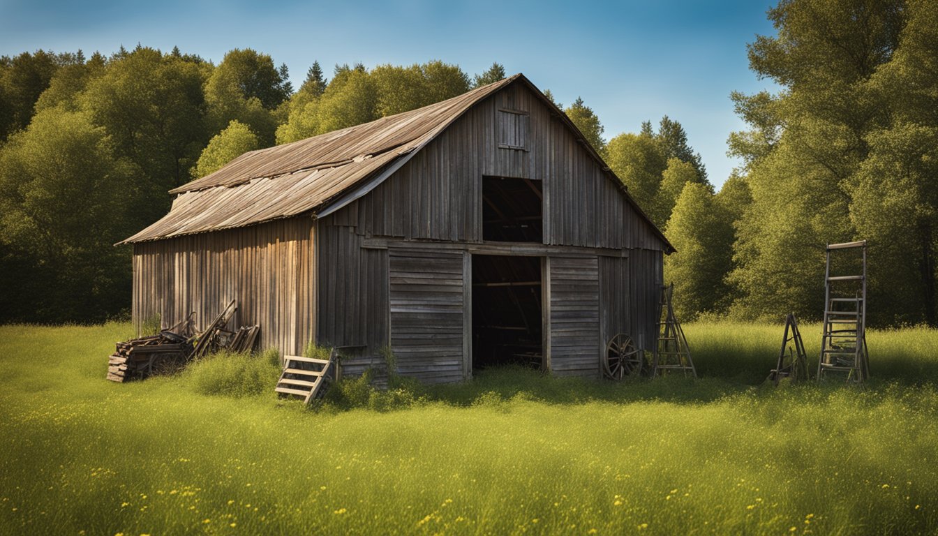 A rustic barn with a weathered exterior stands surrounded by rolling green fields and a bright blue sky. A ladder leans against the side, and tools are scattered nearby