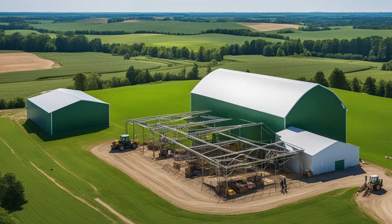 A barn being constructed with a team of workers and equipment, surrounded by green fields and a clear blue sky
