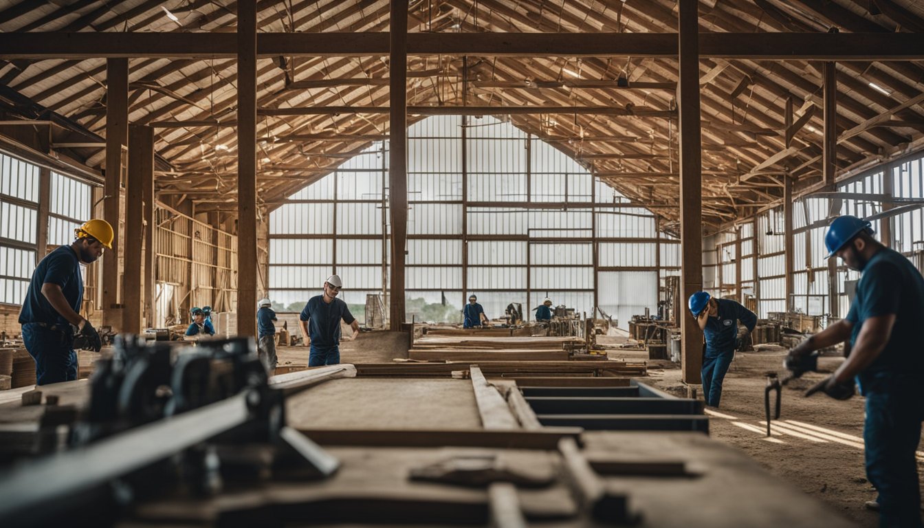 A barn being constructed with workers and equipment, surrounded by tools and materials for maintenance