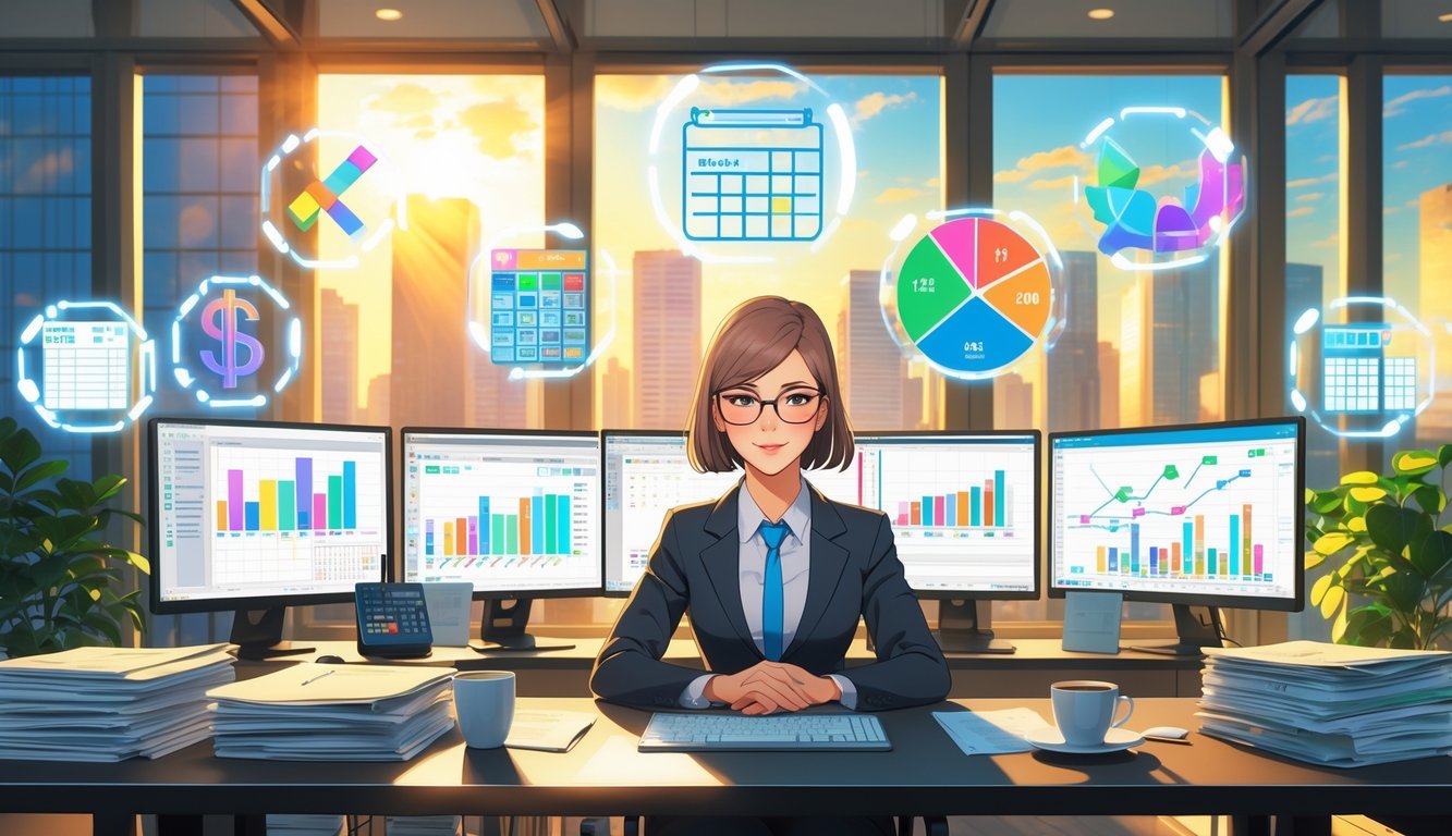 A professional woman working at a desk with multiple screens showing financial data and six floating icons representing bookkeeping tasks in a bright office with a city view.