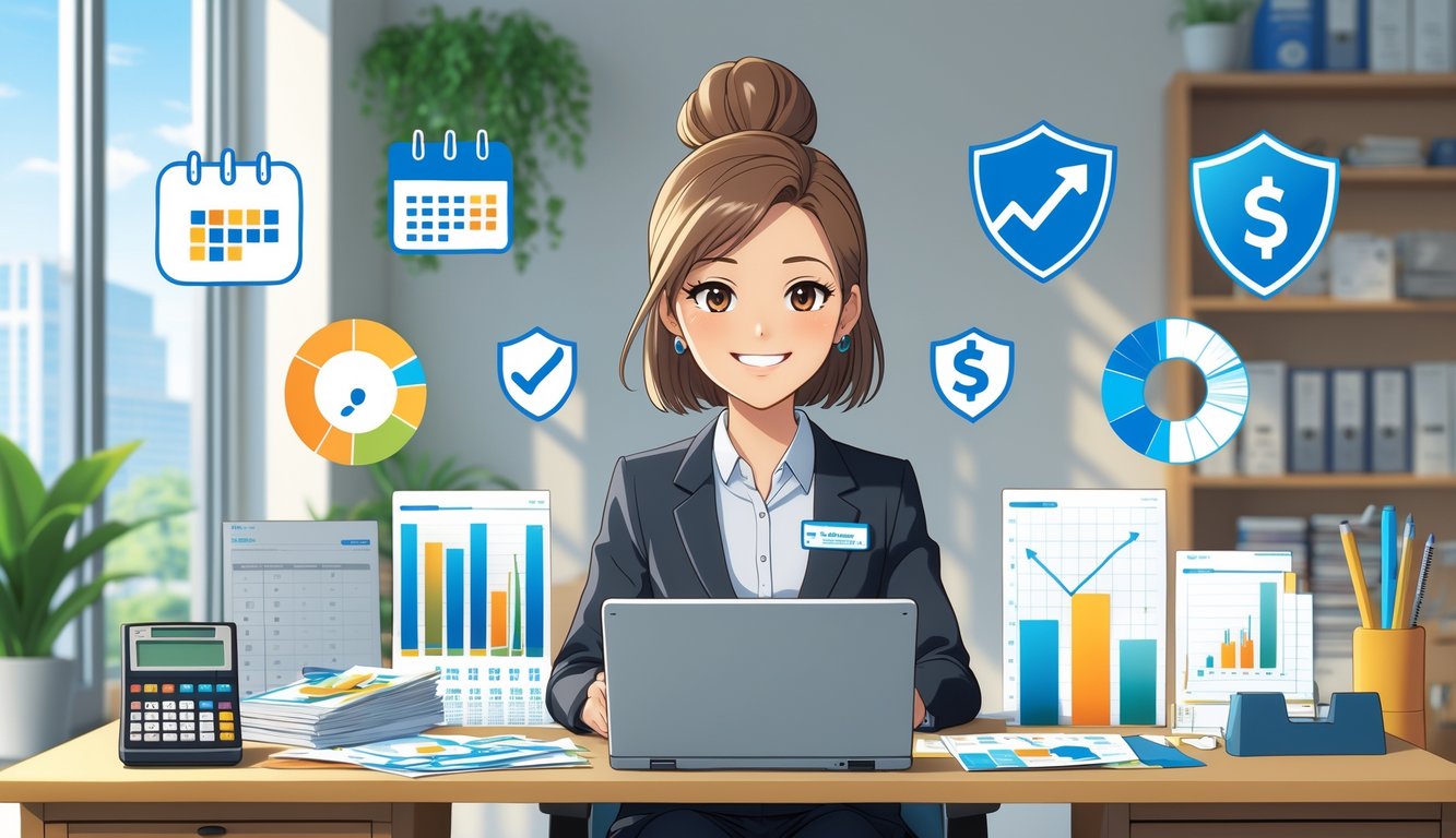 A professional bookkeeper working at a desk with financial documents and a laptop, surrounded by six icons representing different bookkeeping services in a bright office.