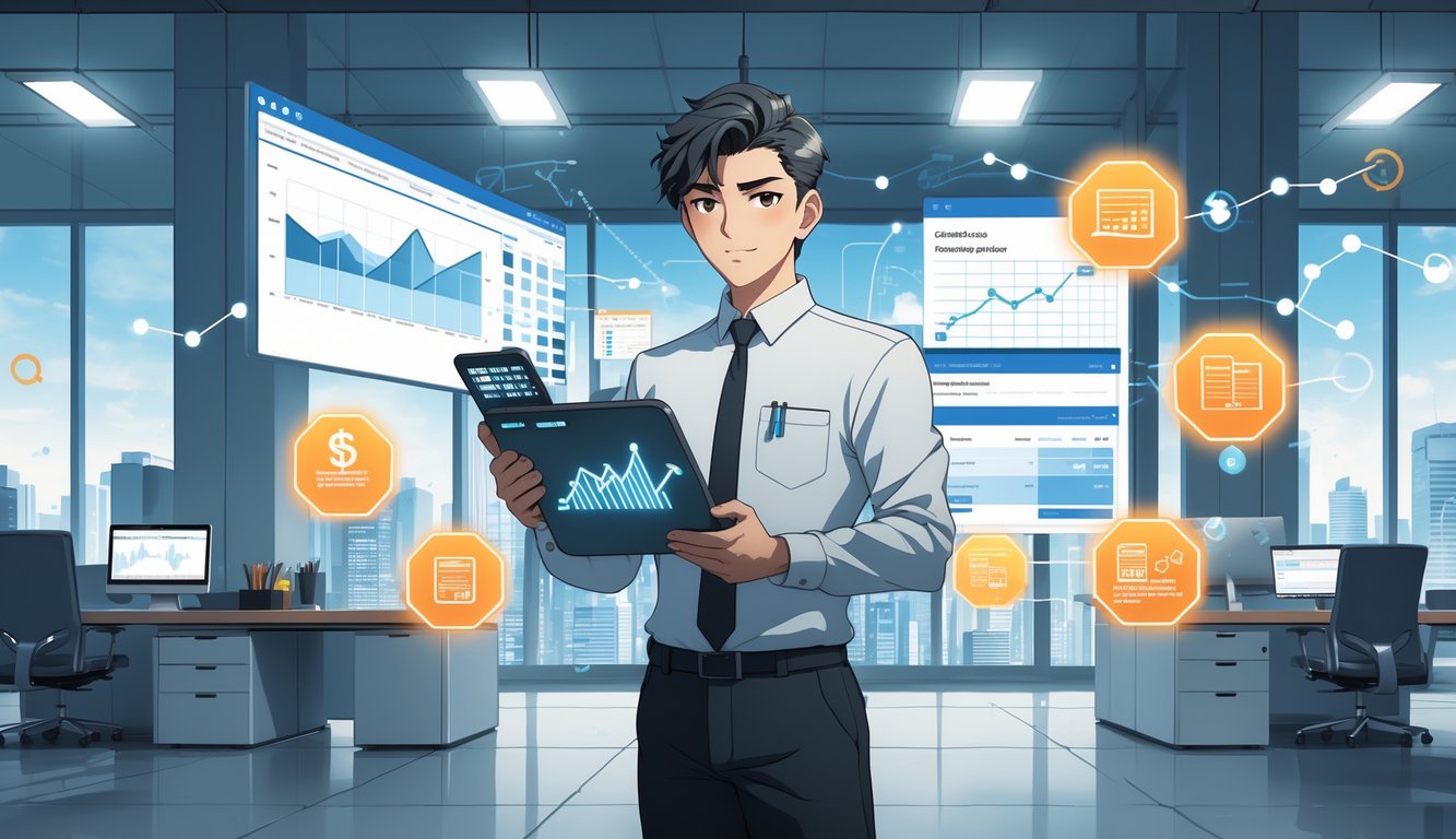 A young professional in an office surrounded by floating financial charts and icons representing bookkeeping tasks.
