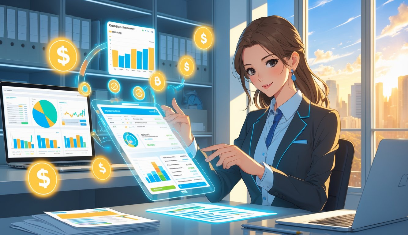 A professional woman analyzing financial charts and documents in a modern office with a city view.