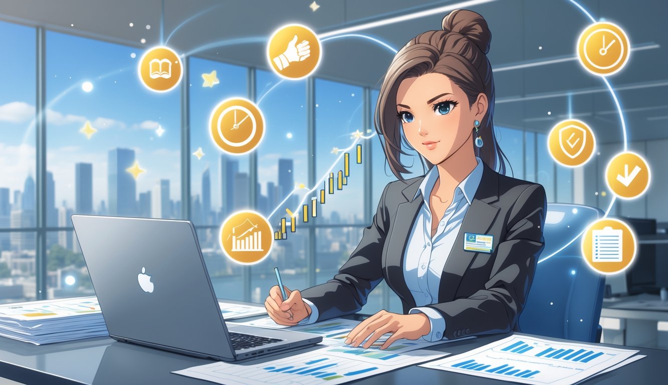 A professional woman at a desk reviewing financial charts and documents with six floating icons representing bookkeeping benefits in a bright office overlooking a city.