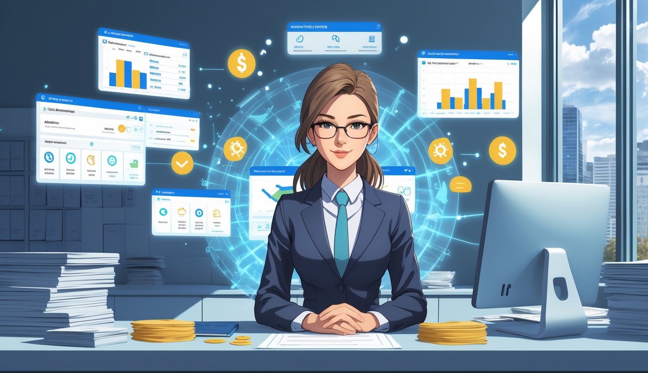 A professional woman working at a desk with floating digital screens showing payroll and employee payment information in a bright office.
