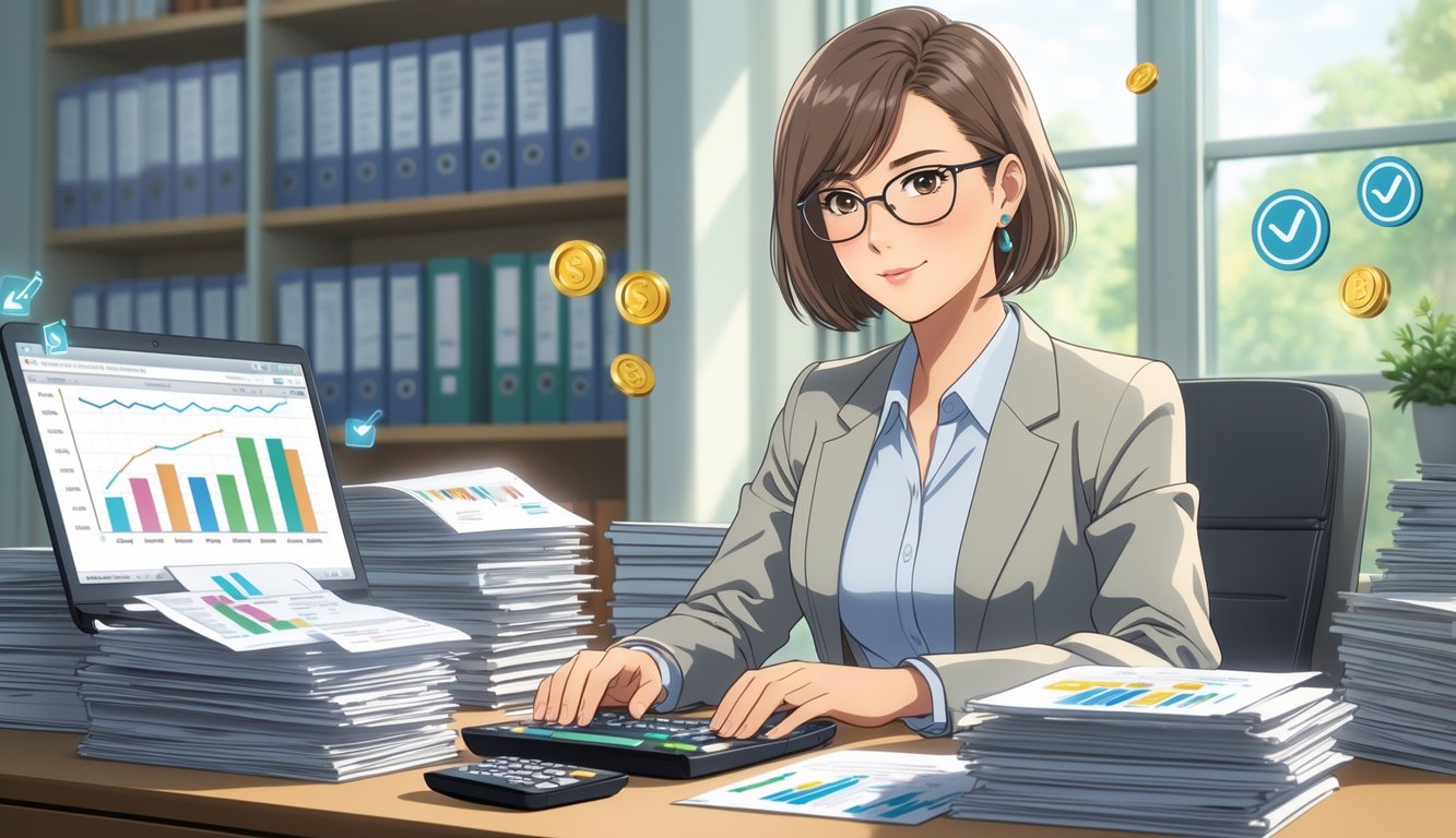 A professional bookkeeper working at a desk with financial documents, a laptop, and office shelves in the background.