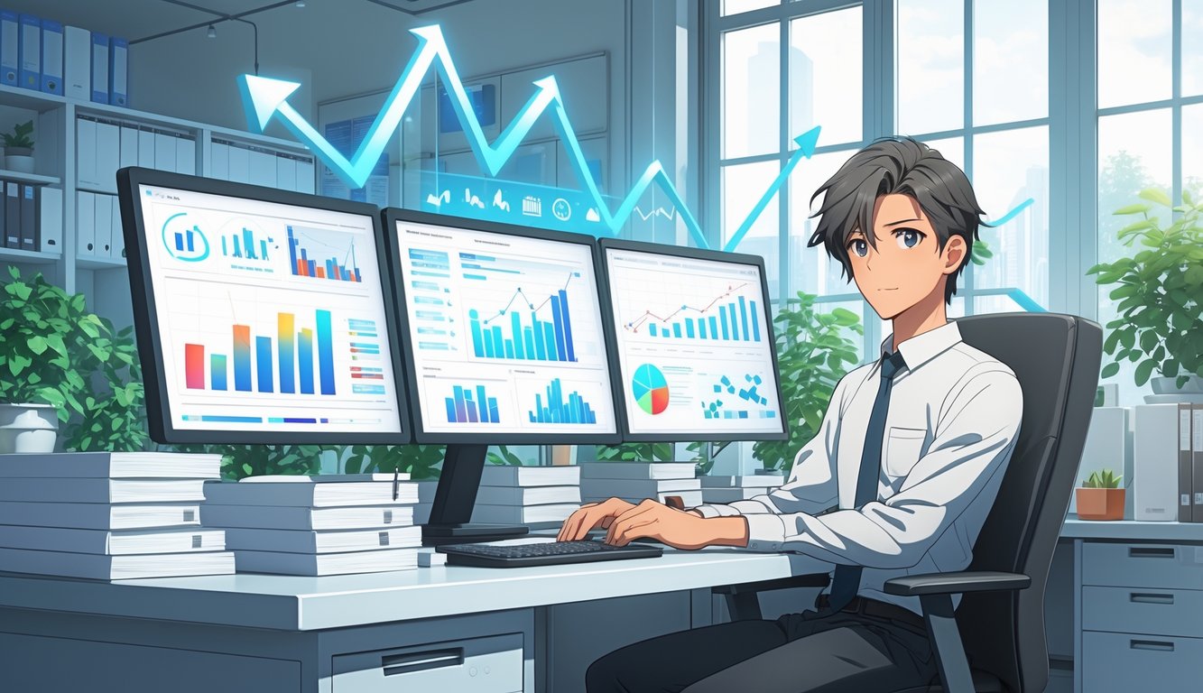 A professional bookkeeper working at a desk with computer screens showing financial data in a bright office.