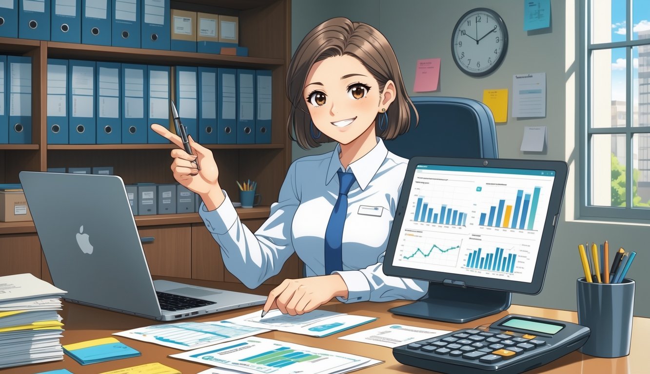 A person sitting at a desk with financial documents, a laptop, and a calculator in an office, smiling and pointing at a tablet with graphs.