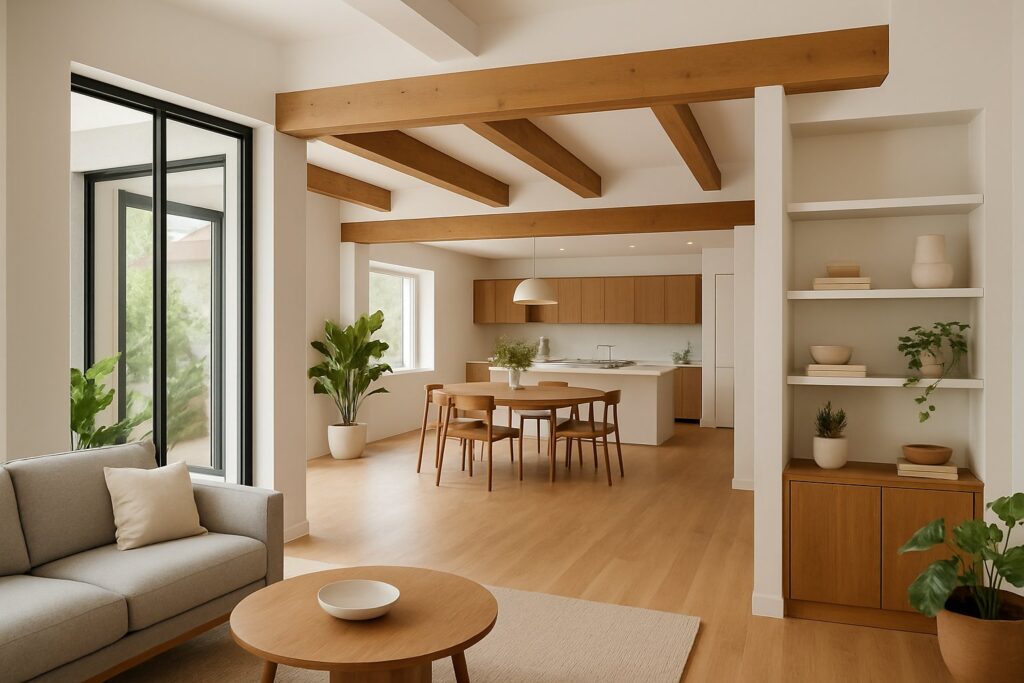 A spacious, open-concept home interior showing multiple wall removals and renovations that create a bright, connected living space with modern furniture and natural light.