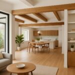 A spacious, open-concept home interior showing multiple wall removals and renovations that create a bright, connected living space with modern furniture and natural light.