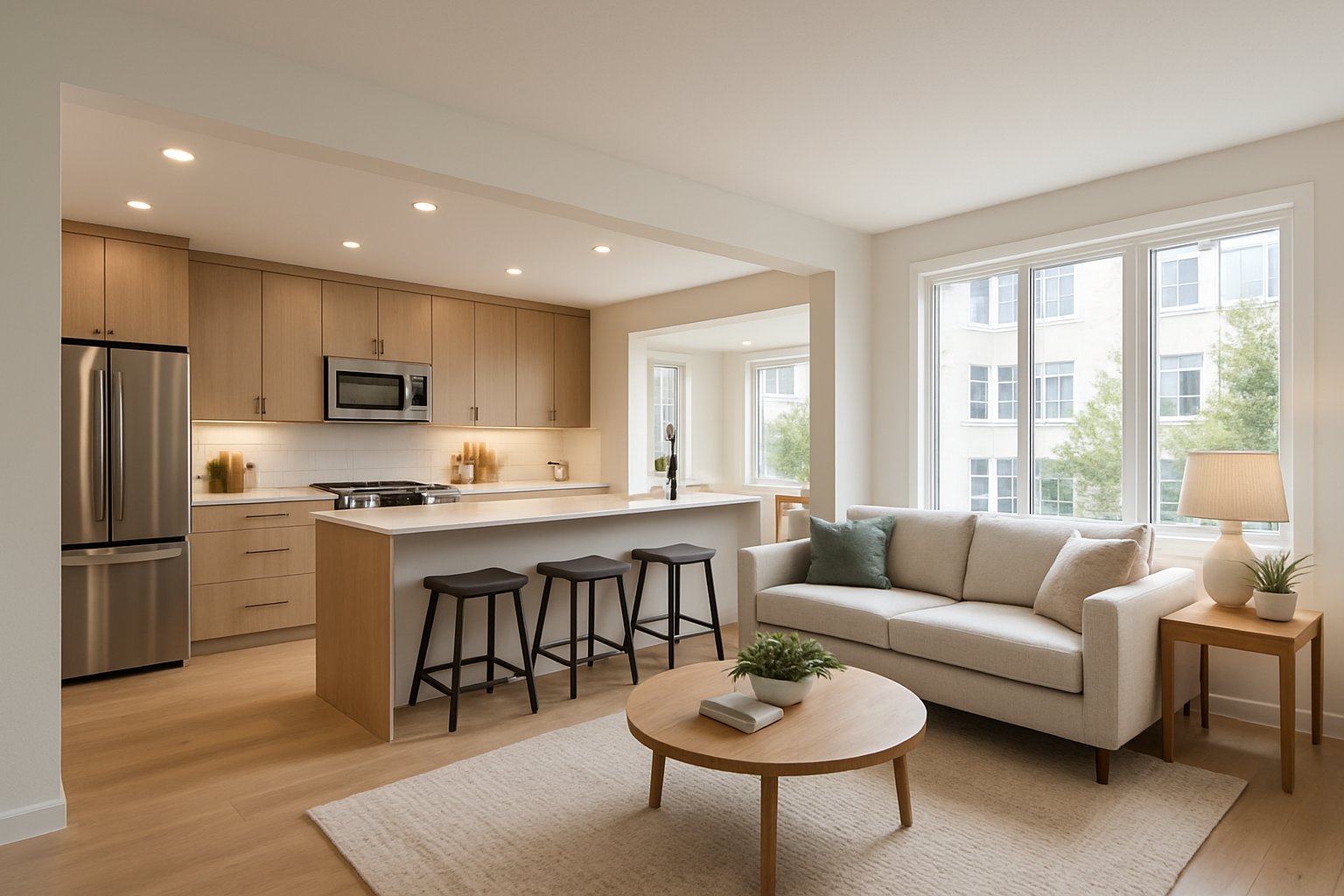 An open-concept kitchen and living room in a condo with modern furniture and natural light.